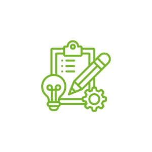 Grüne Symbole für Ideen, Notizen, Schreiben und Einstellungen auf weißem Hintergrund.