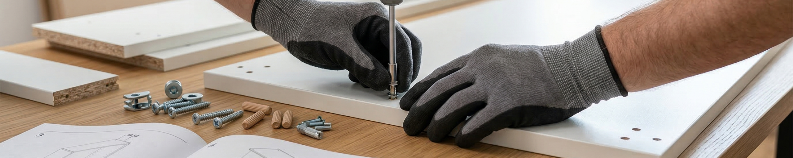 Person schraubt Möbelstück mit Schraubendreher zusammen, umgeben von Schrauben und Holzteilen.