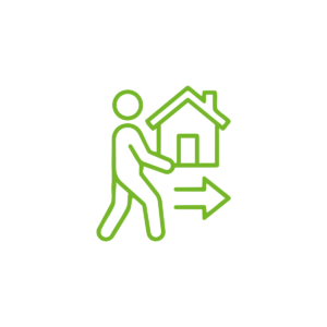 Person geht mit Pfeil nach rechts vom Haus weg, grüne Linie auf weißem Hintergrund.