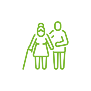 Seniorin mit Gehstock wird von Person begleitet.