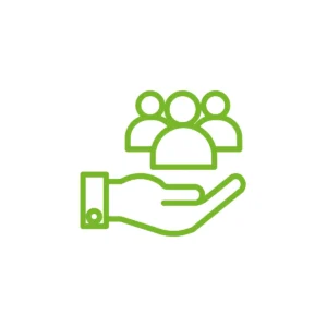 Hand hält drei stilisierte Personenfiguren, grüne Linienzeichnung.