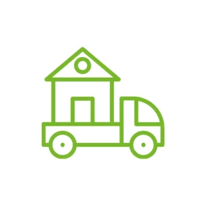 Grünes Symbol eines Lastwagens mit einem Haus auf der Ladefläche.