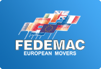 Logo von FEDEMAC European Movers mit mehreren europäischen Flaggen auf blauem Hintergrund.