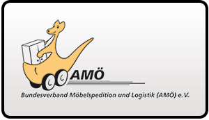 Känguru mit Paket auf Rädern neben Schriftzug AMÖ Bundesverband Möbelspedition und Logistik e.V.