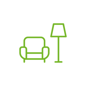 Grüne Linie eines Sessels und einer Stehlampe auf weißem Hintergrund.