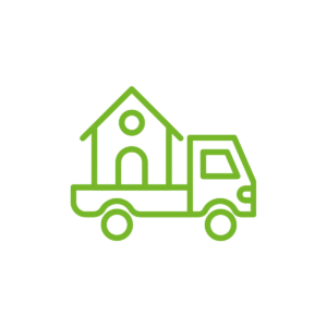 Grünes Symbol eines Hauses auf einem Lastwagen vor weißem Hintergrund.