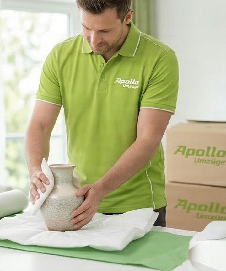 Mann in grünem Poloshirt verpackt eine Vase in Papier.