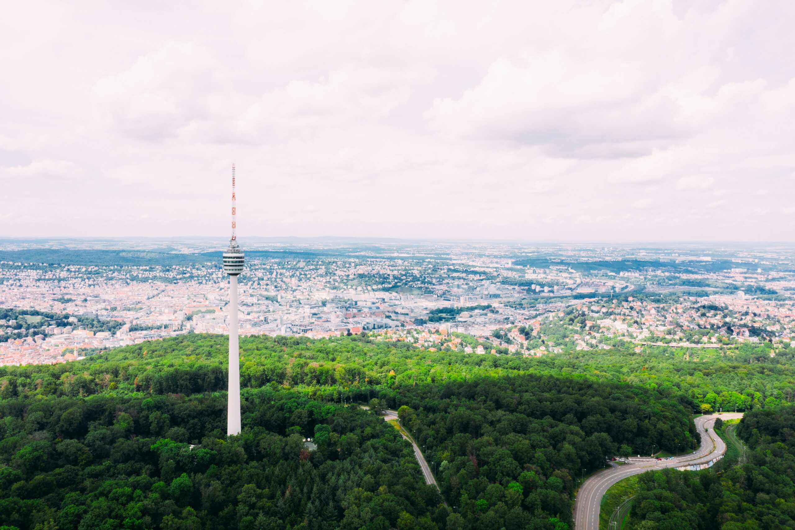 Landschaft mit Wald, Fernsehturm und Stadt im Hintergrund unter bewölktem Himmel.