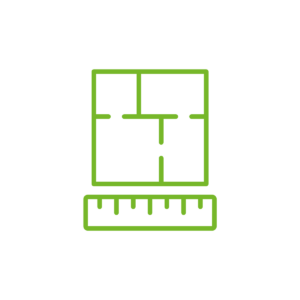 Grünes Symbol eines Grundrisses über einem Lineal auf weißem Hintergrund.